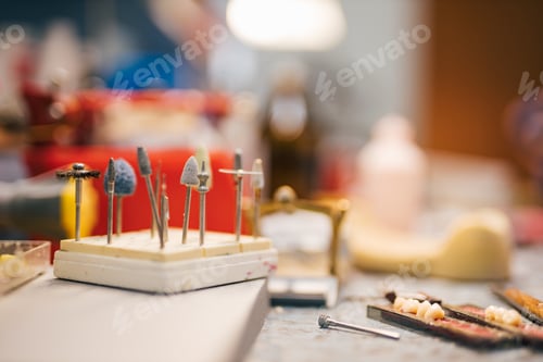 Preview: Set of various dental tools, burrs, denture polishers.