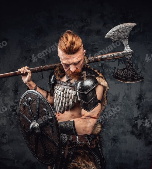 Preview: Furious redhead viking with axe on his shoulder looking down