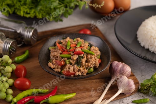 Preview: Spicy minced pork and rice on a black plate.