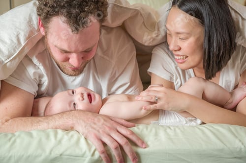 Preview: Mixed Race Chinese and Caucasian Baby Boy Laying In Bed with His Parents