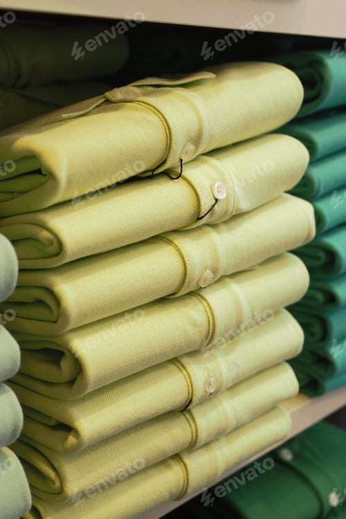 Preview: Green shirts neatly stacked in a retail display