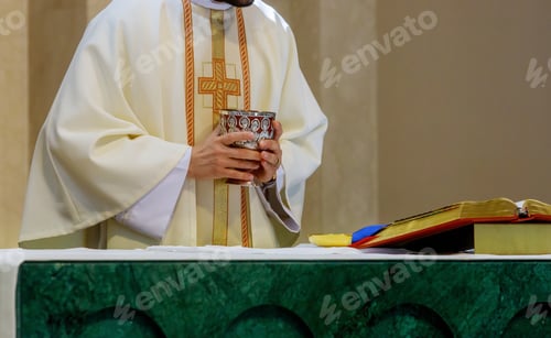 Preview: Holy Bible communion on wooden table in church cup of glass with red wine