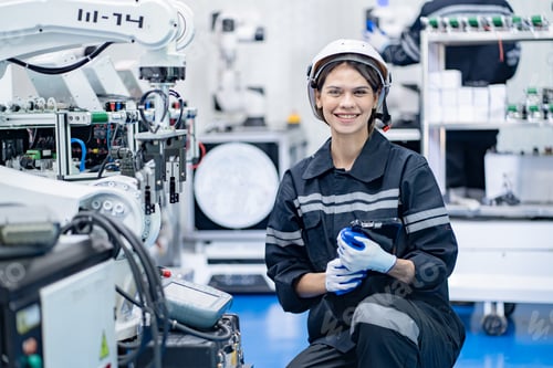 Preview: Modern industrial technology. Female Robotics engineer fitting sensors in robotics research facility