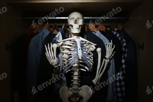 Preview: Artificial human skeleton model among clothes in wardrobe