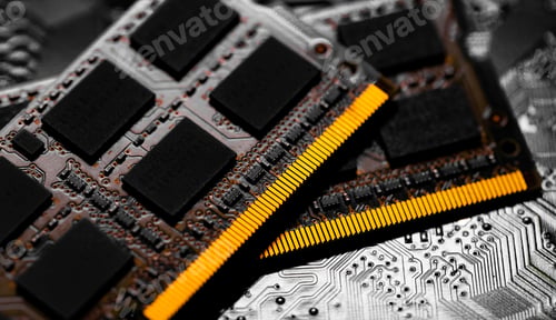 Preview: Macro Close up of computer RAM chip and motherboard