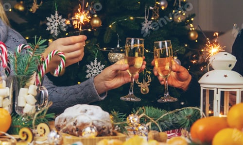 Preview: Champagne on the Christmas table. Selective focus.
