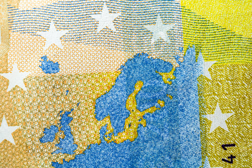Preview: Closeup of EURO banknote details - world money, inflation and economy concept