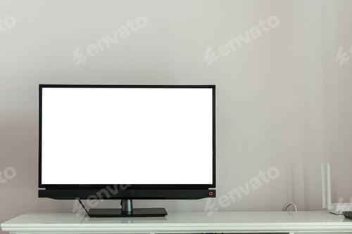Preview: Smart TV screen on white wooden table in living room interior