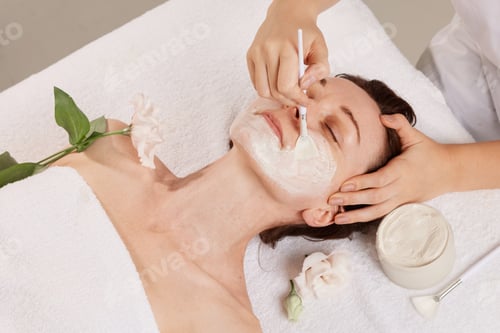 Preview: Beautician applying creamy face mask with brush on relaxed woman’s face during spa
