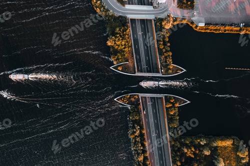 Preview: Aerial view of boat crossing aquaduct in Harderwijk, Veluwemeer The Netherlands