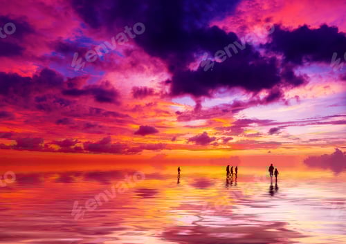 Preview: Silhouettes of people at sunset on the beach of Kuta Bali I