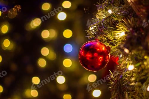 Preview: Close up of balls on christmas tree. Bokeh background.New Year concept