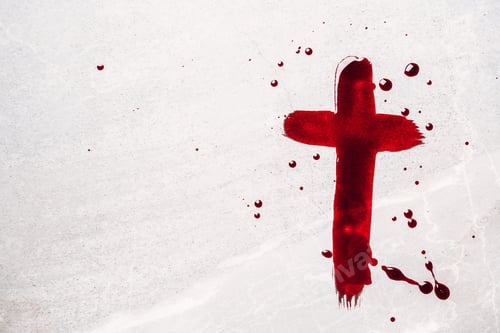 Preview: Christian cross painted with red blood on stone background. Copy space. Good friday. Passion