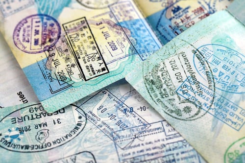 Preview: Many open passport pages with lots of visas and entrance stamps from various countries
