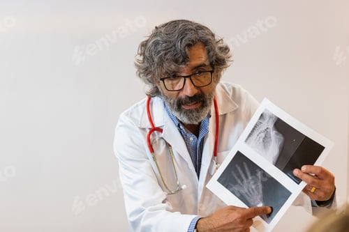 Preview: Senior doctor discussing x ray with colleagues in hospital