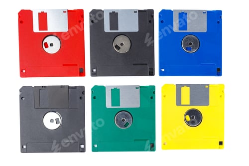 Preview: Collection of colored floppy disks arranged in a grid on a white background