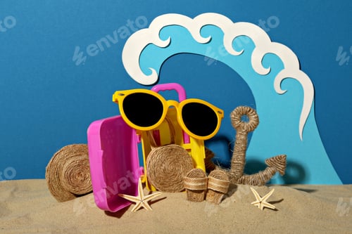 Preview: Waves with accessories for summer vacation on the beach.