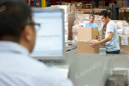 Preview: Person At Computer Terminal In Distribution Warehouse