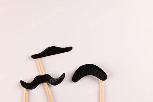 Preview: Composition of fake moustaches on sticks on white background with copy space