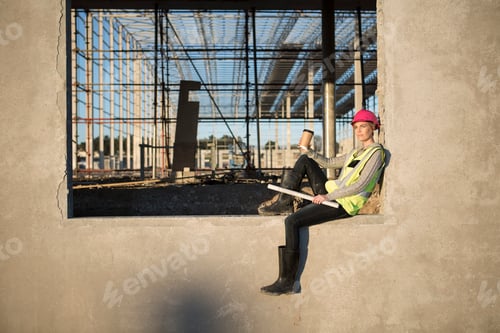 Preview: Female architect sitting on window frame at construction site