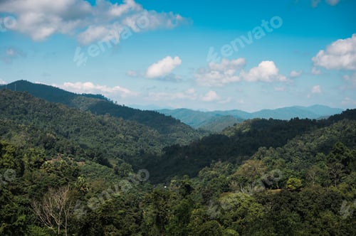 Preview: Mountain valley and blue sky in tropical rainforest