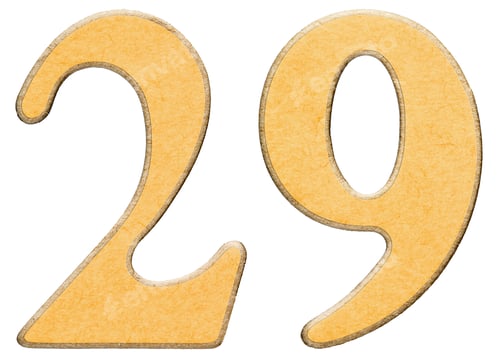 Preview: 29, twenty nine, numeral of wood combined with yellow insert, isolated on white background