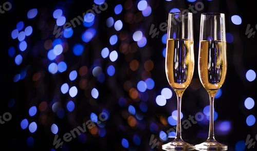 Preview: Christmas illuminations and champagne glass. Happy New Year.