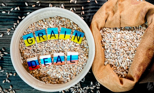 Preview: Wheat grains with in jute bag and cup with letters Ukraine grain crisis