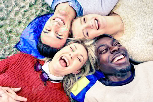 Preview: Multiracial best friends having fun and laughing together outdoor at springtime