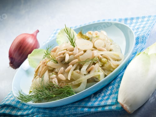 Preview: salad with sauteed endive onions and pine nuts