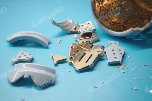 Preview: Broken pieces of a ceramic bowl on a blue table