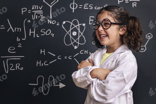 Preview: funny little girl scientist with glasses laughing
