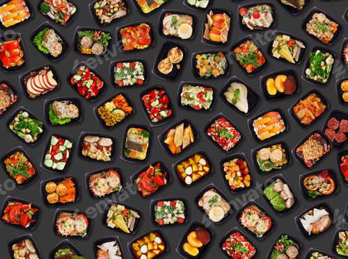Preview: Healthy Tasty Take Away Food In Plastic Containers Over Black Background