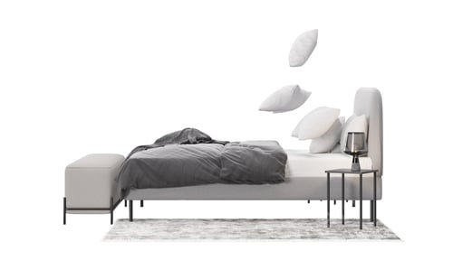 Preview: Double bed with carpet, pouf and lamps on white background, isolated. Flying pillows, action