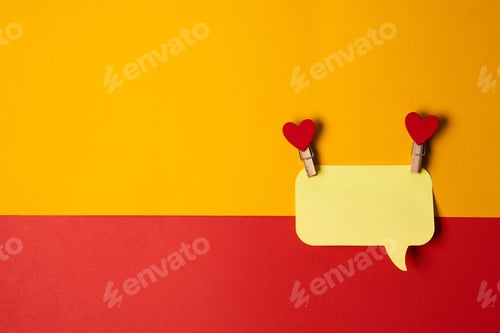 Preview: yellow sticky notes with wooden clothespins red hearts bicolor background Copy space