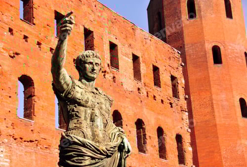 Preview: Ancient Roman bronze statue of Emperor Caesar, Porte Palatine city gate, Turin, Piedmont, Italy