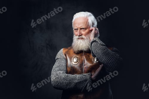 Preview: Pensive senior knight dressed in armor against dark background