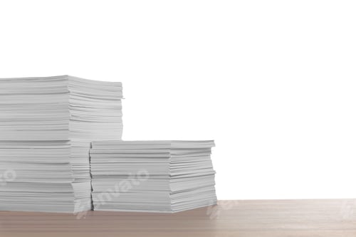 Preview: Stacks of paper sheets on wooden table against white background. Space for text