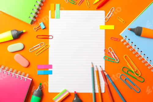 Preview: Flat lay composition with school supplies on color background, space for text