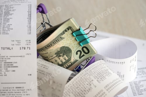 Preview: US dollars bunch in shopping trolley surrounded by many paper receipts