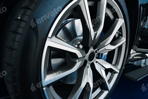 Preview: Aluminium rim of luxury car wheel close up