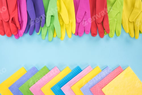 Preview: top view of multicolored bright rubber gloves and rags on blue background with copy space
