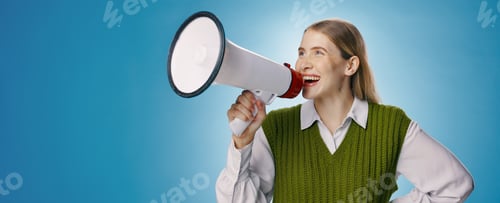 Preview: Girl, megaphone and voice in studio for announcement, broadcast or join us with opportunity, news o