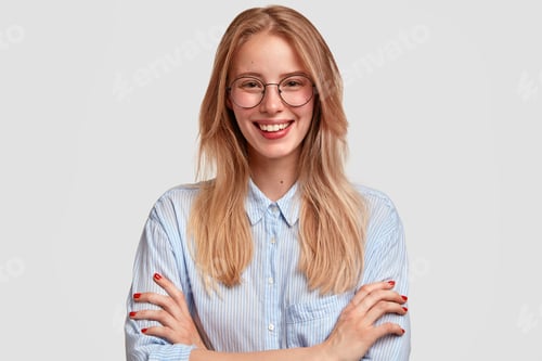 Smiling Woman Wearing Glasses and Striped Shirt