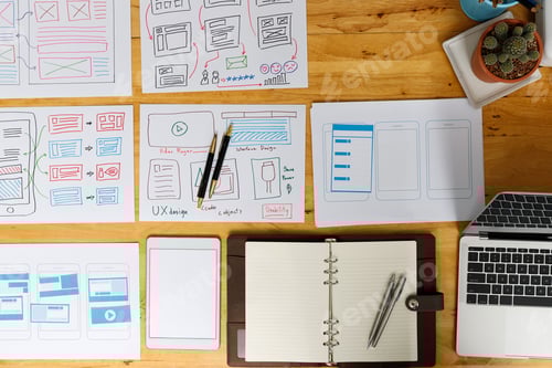 Preview: Top view of Creative flat lay UX designer working space and office supplies.