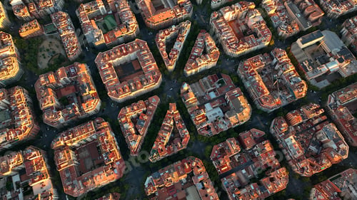 Preview: Aerial view of typical buildings of Barcelona cityscape. Eixample residential famous urban grid