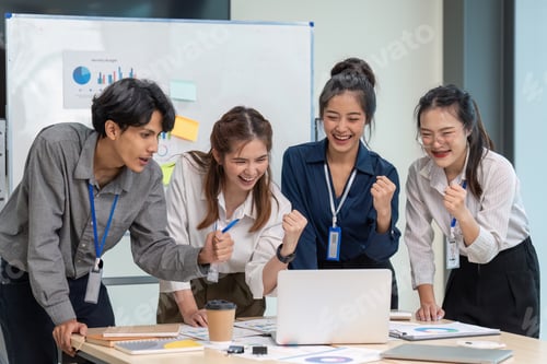 Preview: Diverse startup young people and partnership celebrate while successful project at meeting room