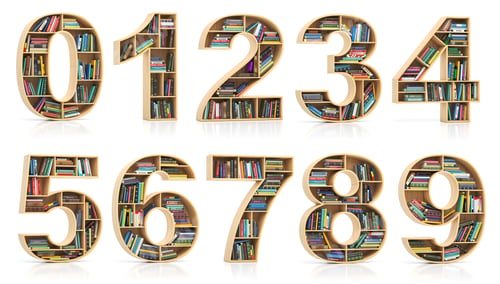 Preview: Set of numbers in form of bookshelf with book and texbooks.
