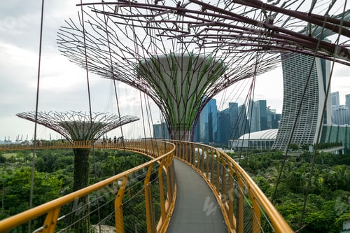 Preview: SINGAPORE - JAN 19, 2016: urban scene with modern monuments and green plants in city park