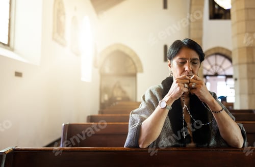 Preview: Pray, church and senior woman praying with a rosary in a calm, zen chapel alone, holy and spiritual